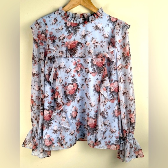 Rachel Parcell Blue & Pink Floral Blouse Women LS Lined Size L EUC Coquette Chic - Picture 1 of 13